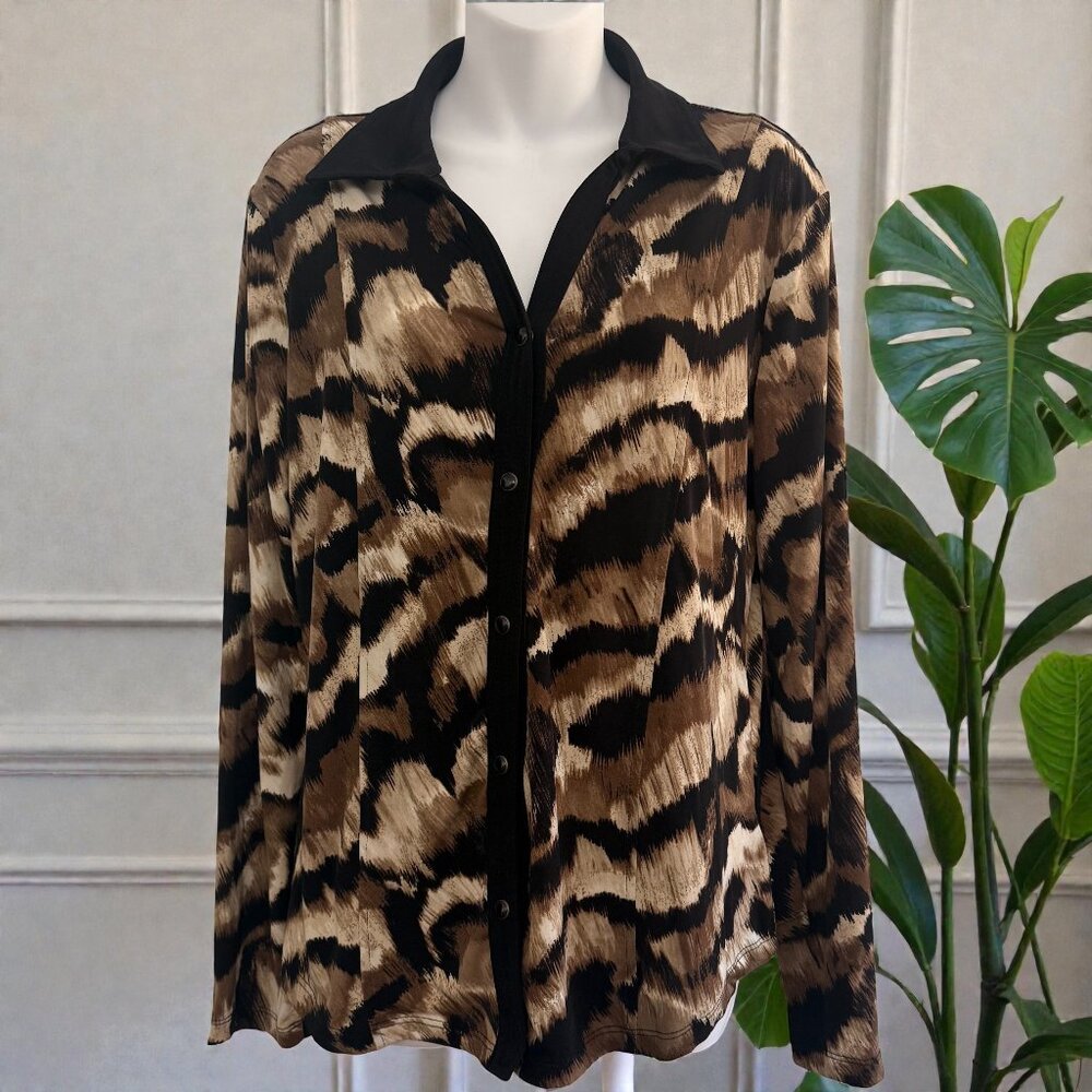 JM Collection Animal Print Snap-Front Blouse | Brown & Black | Size M